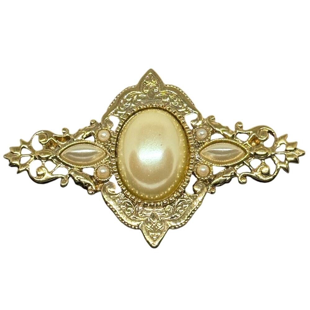 1928 Gold Tone Faux Pearl Victorian Style Brooch Pin Vintage